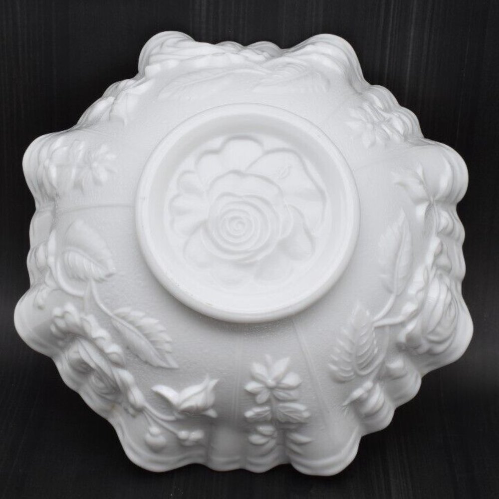 Vintage Milk Glass Floral Bowl, Ruffled, Scalloped, Roses - Picture 3 of 9